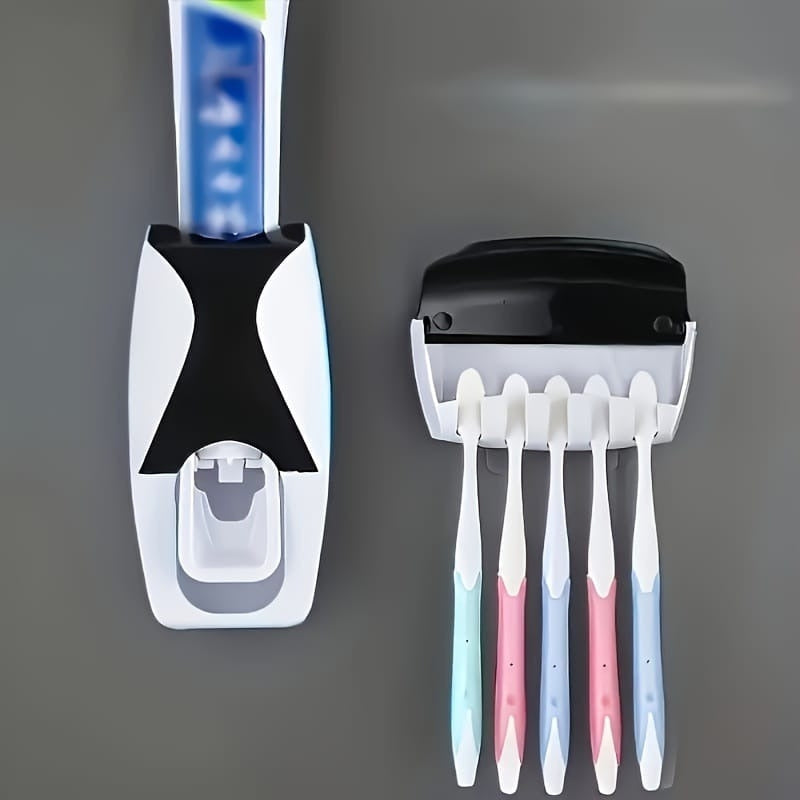 Automatic Toothpaste Dispenser Set with Wall-Mounted Toothbrush Holder