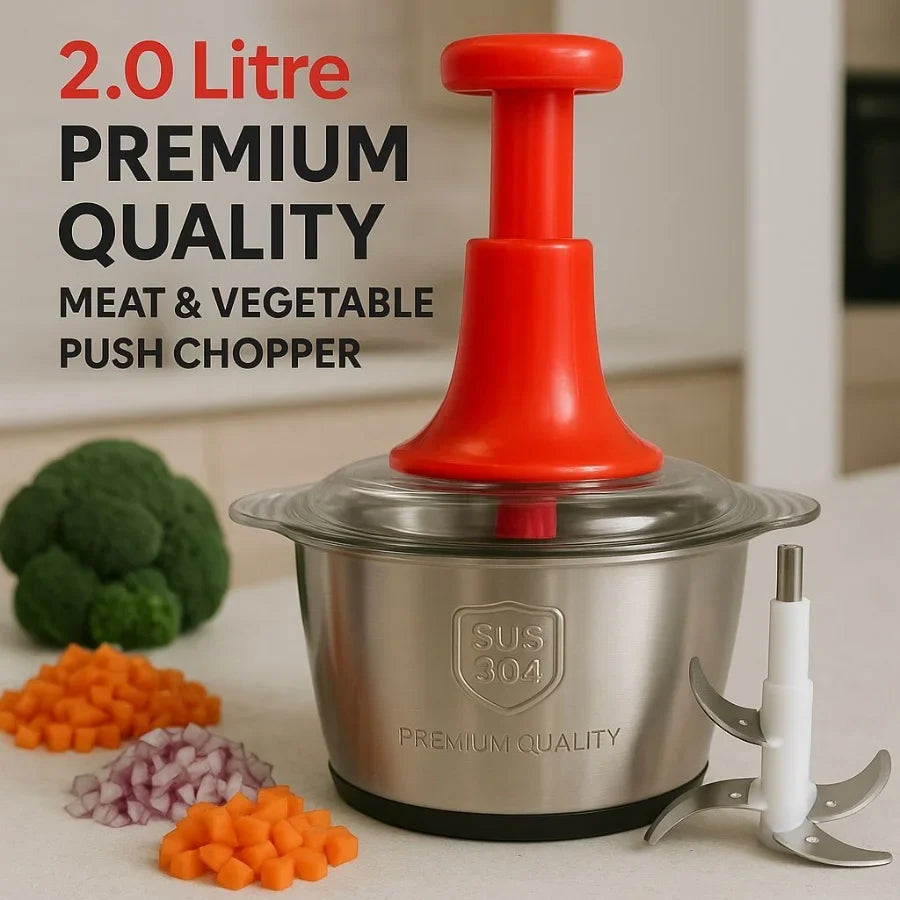 2L Manual Food Chopper | Stainless Steel Bowl & 4 Sharp Blades Random Colour