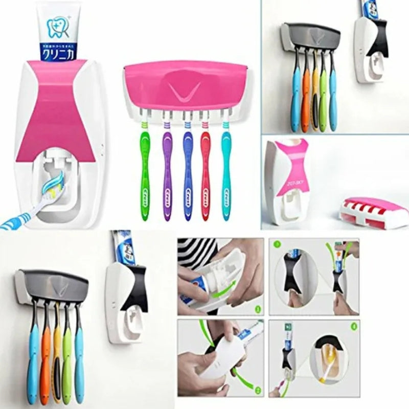 Automatic Toothpaste Dispenser Set with Wall-Mounted Toothbrush Holder
