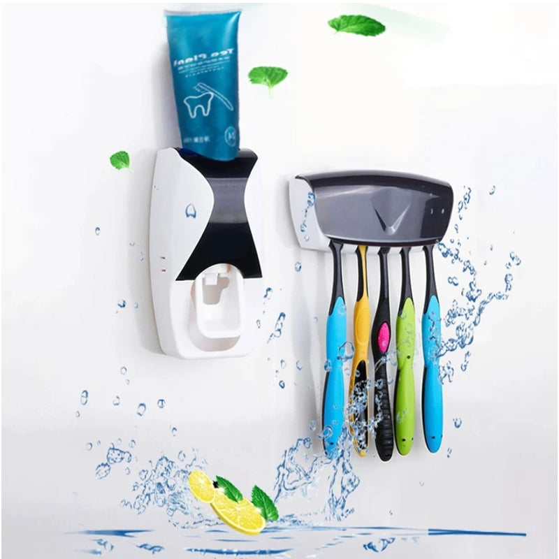 Automatic Toothpaste Dispenser Set with Wall-Mounted Toothbrush Holder