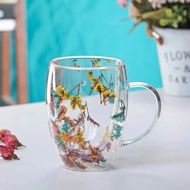 Dry Flowers Double Wall Glass Cup
