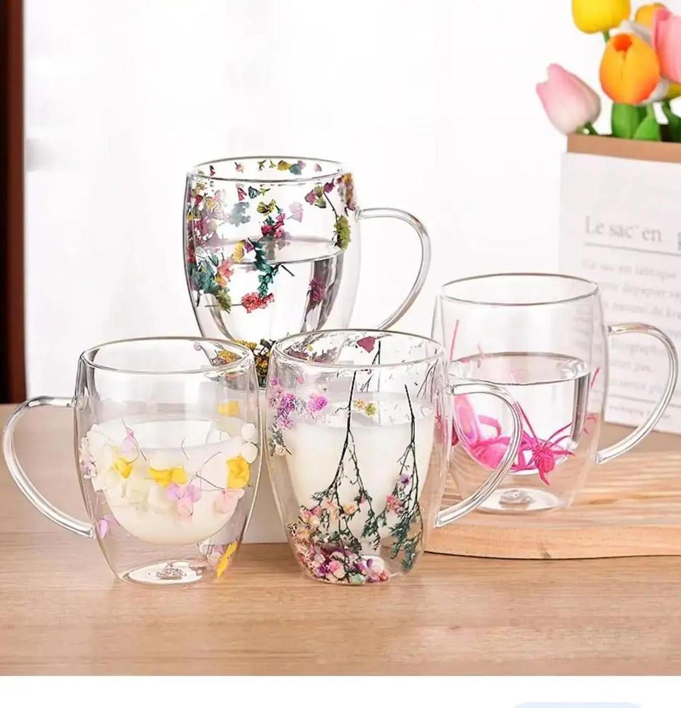 Dry Flowers Double Wall Glass Cup