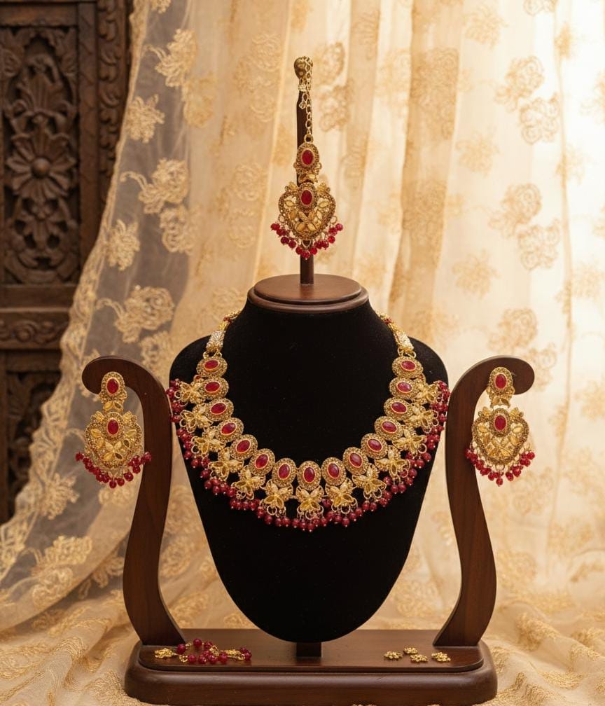 Gold Plated Necklace Set with Earrings and bindiya
