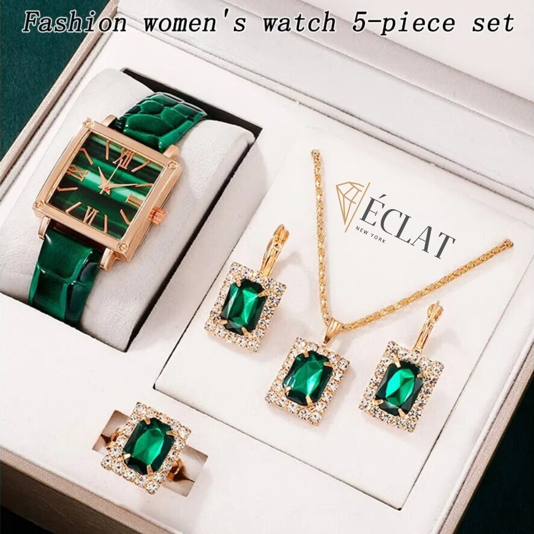 5pcs Women Watch Emerald Pendant Set Elegant Luxury Quartz Watch