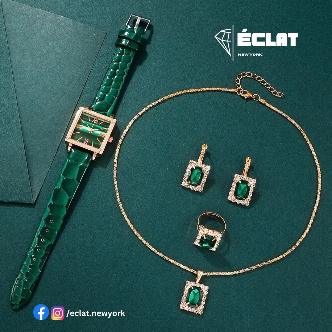 5pcs Women Watch Emerald Pendant Set Elegant Luxury Quartz Watch