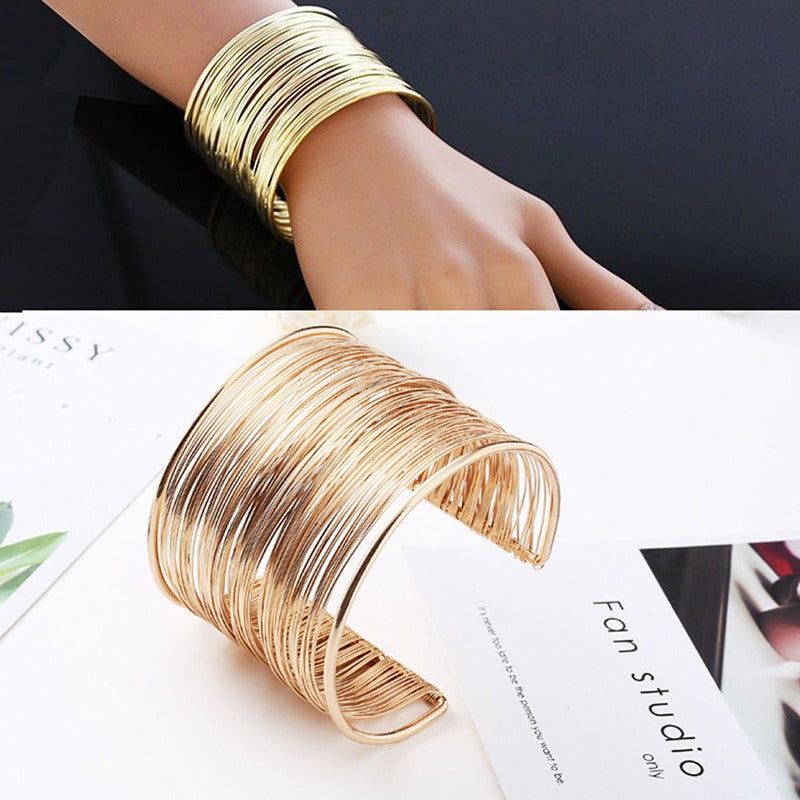 Multilayer Metal Wires Strings Open Bangle Wide Cuff Bracelet