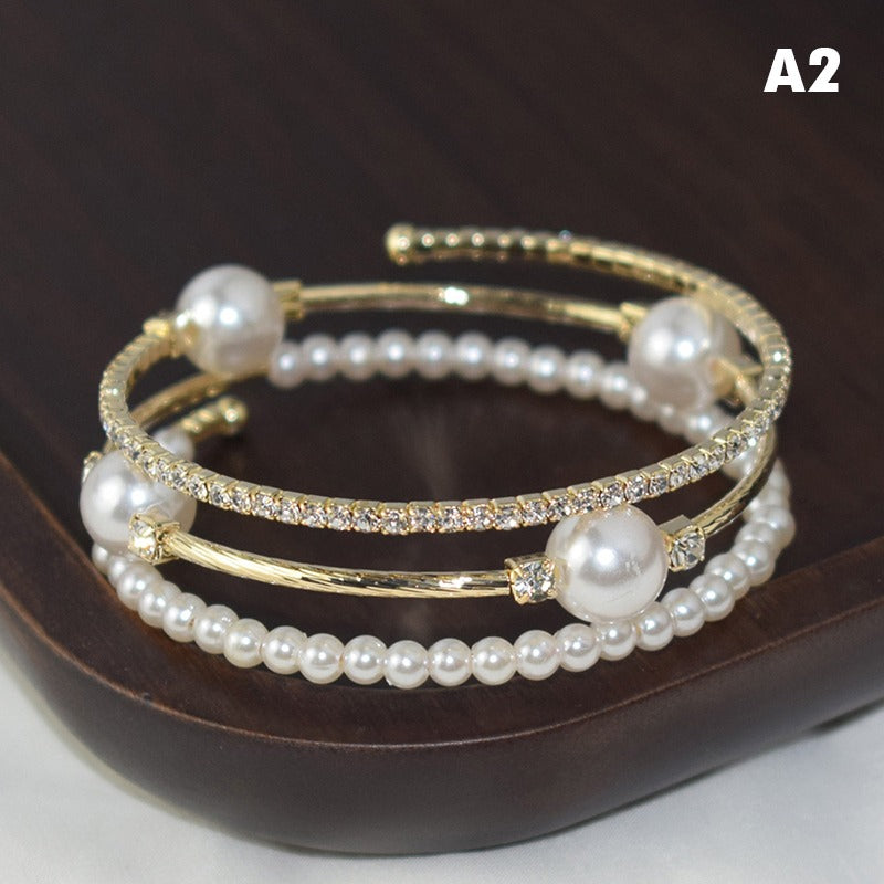 Crystal Pearl Bracelet Ladies Rhinestone Multi-layer Adjustable Bangles