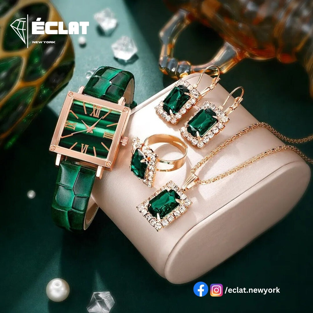 5pcs Women Watch Emerald Pendant Set Elegant Luxury Quartz Watch