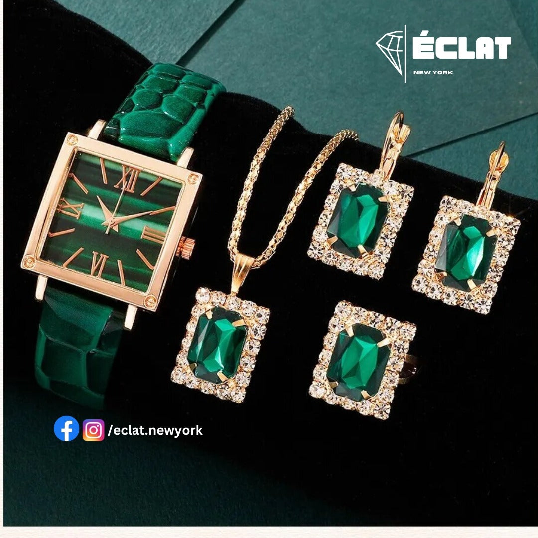 5pcs Women Watch Emerald Pendant Set Elegant Luxury Quartz Watch