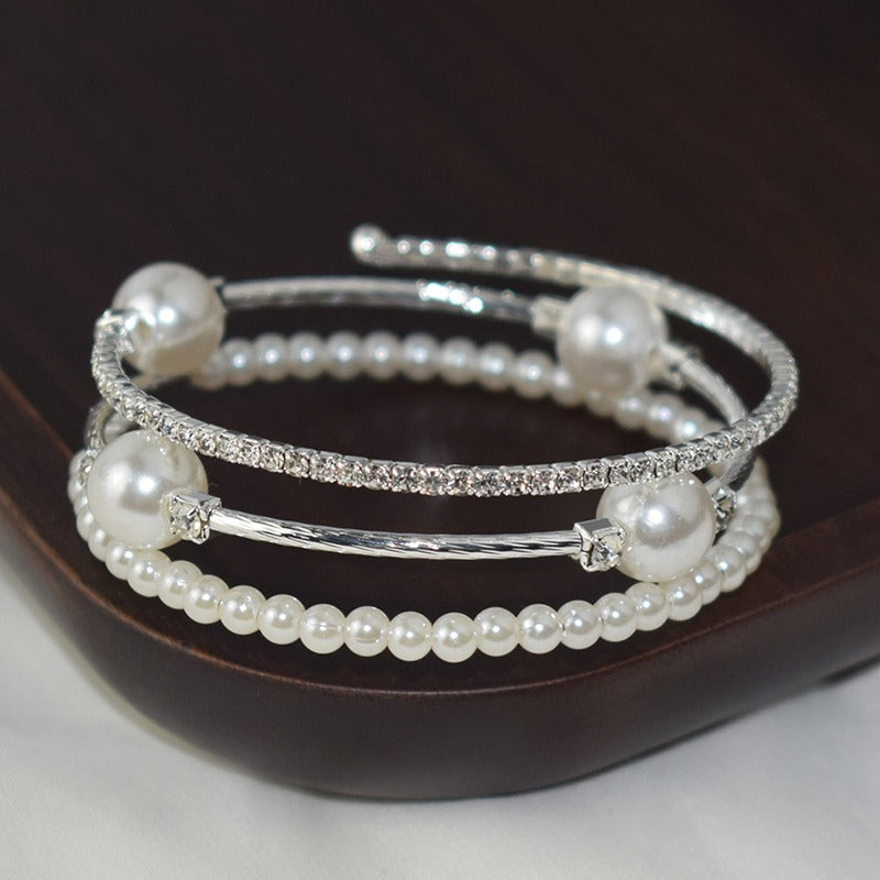 Crystal Pearl Bracelet Ladies Rhinestone Multi-layer Adjustable Bangles