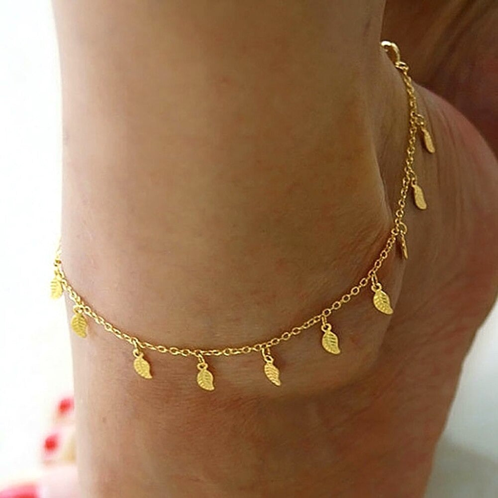 Anklet imple Golden Tone Leaf Pendant Anklet Ankle Bracelet