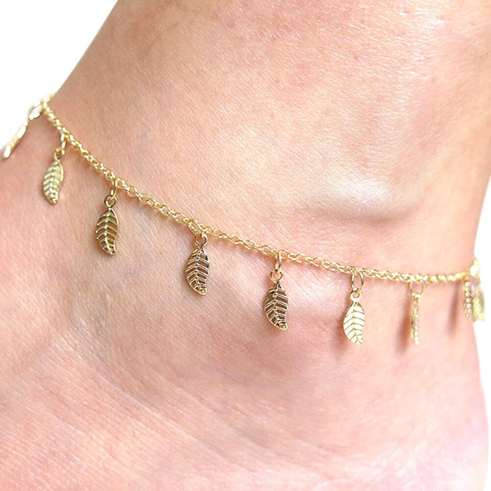 Anklet imple Golden Tone Leaf Pendant Anklet Ankle Bracelet