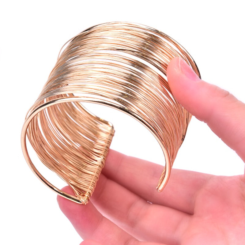 Multilayer Metal Wires Strings Open Bangle Wide Cuff Bracelet
